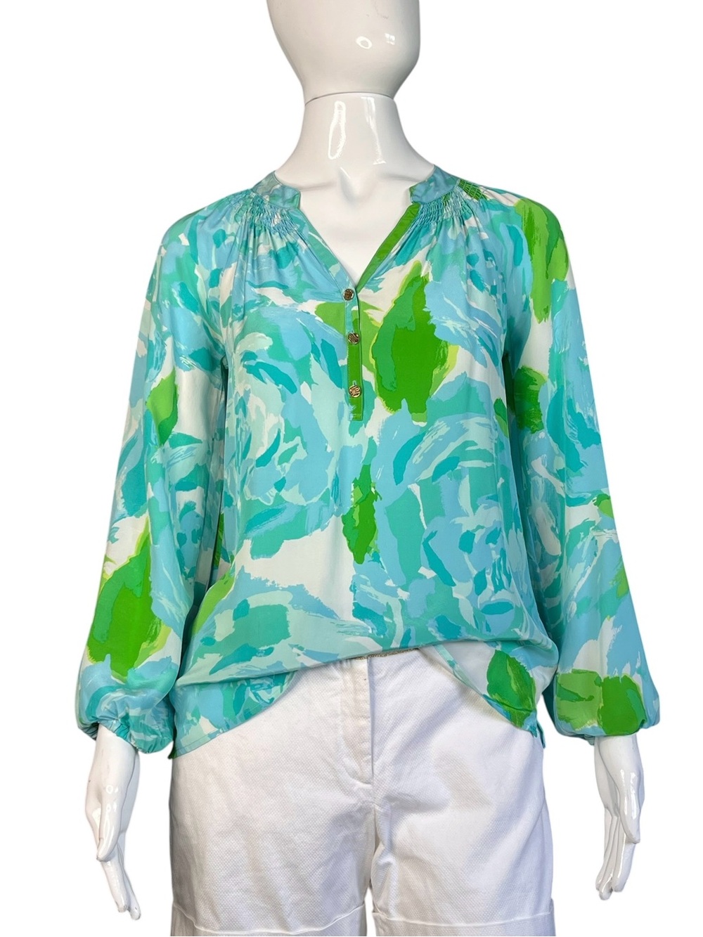 Lilly Pulitzer Elsa Poolside Blue Firt Impression Silk Blouse Size XXS